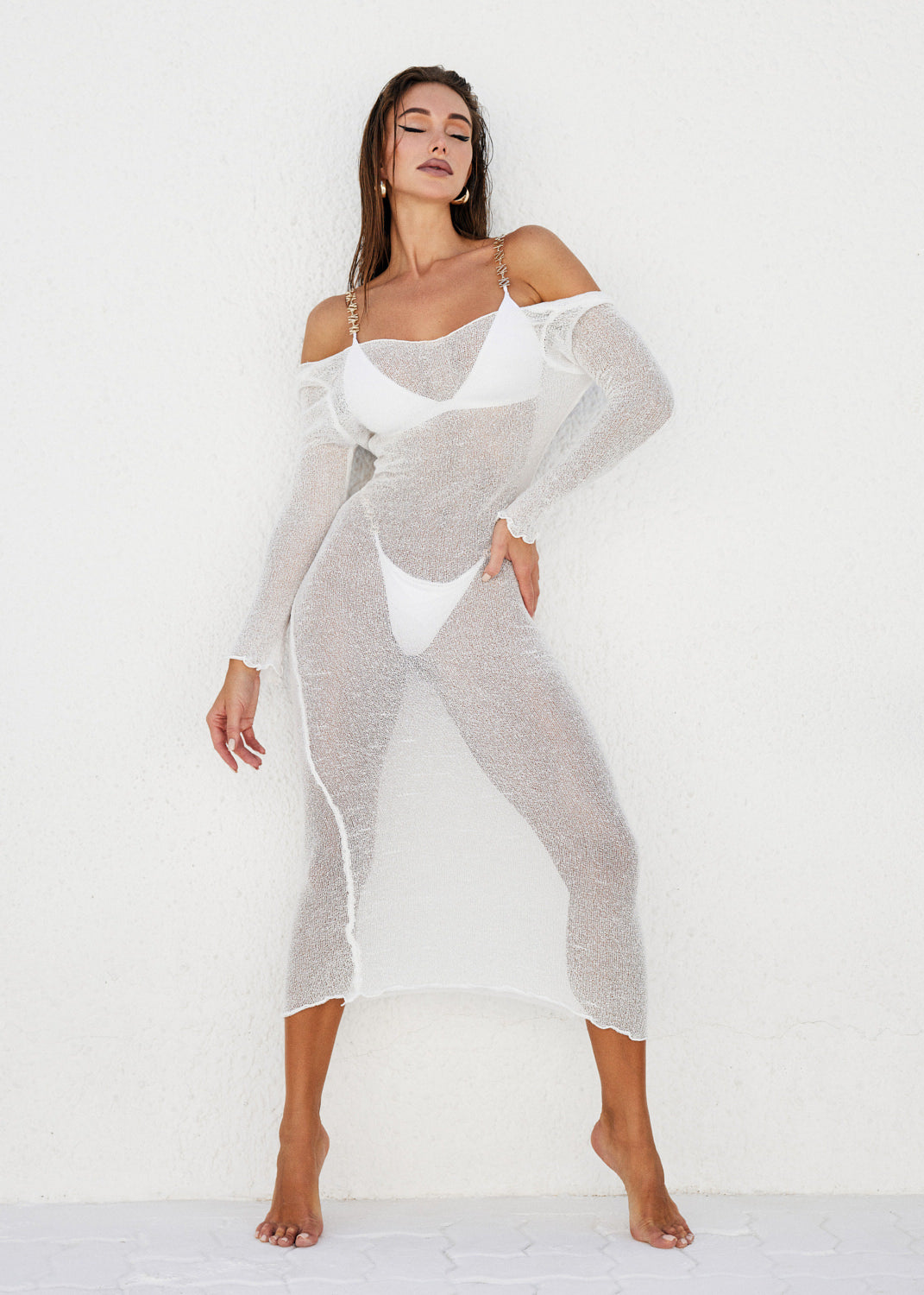 white mesh dress long sleeve MAXI DRESS / WHITE